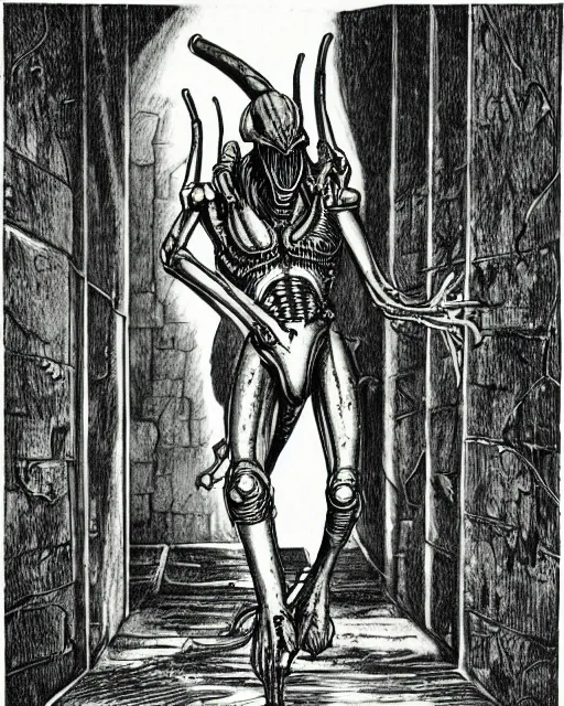 Prompt: an illustration of a xenomorph, full body, prowling in a dungeon corridor, pen-and-ink illustration, etching, by Russ Nicholson, DAvid A Trampier, larry elmore, 1981, HQ scan, intricate details