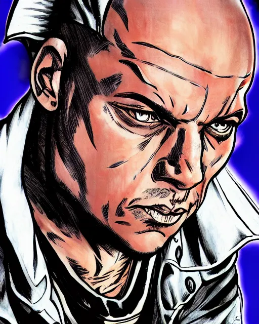 Image similar to Digital color ink drawing of Vin Diesel from JoJo\'s Bizzare Adventure, highly detailed, sharp focus, screentone shading, 1990 manga panel, trending on ArtStation, manga cover art drawn by Hirohiko Araki