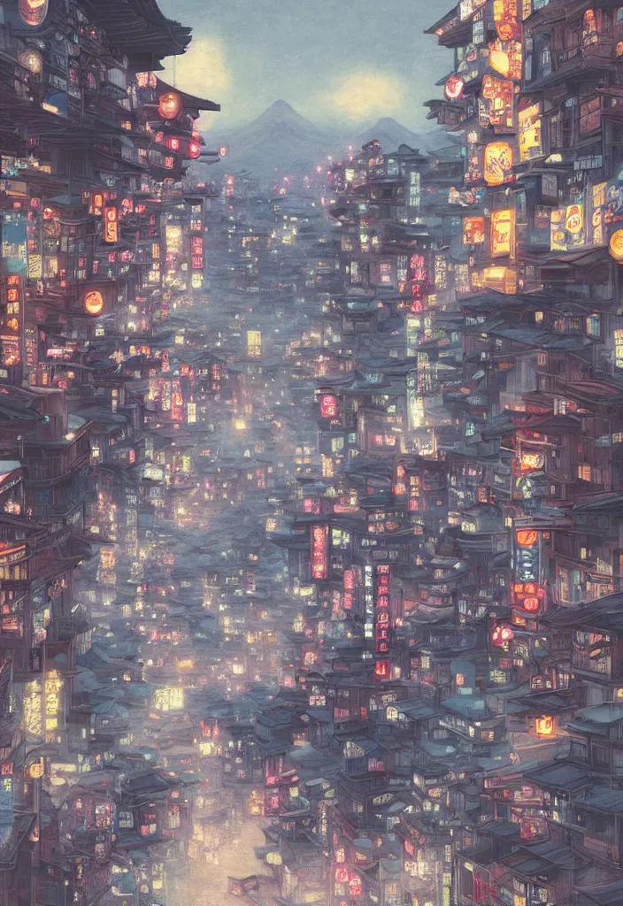 Prompt: a beautiful japanese city in the mountain, amazing ryokans and gorgeous edo era houses, yokai characters. epic cyberpunk. visible pipes, lanterns, lofi vibe, vivide colors, amazing light, light beams with dust, mesmerizing nature, by jeremy lipkin, by claude monet, by makoto shinkai, futuristic city, inspired by ghibli, masterpiece