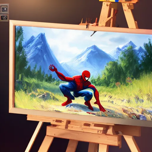 Image similar to a closeup photorealistic photograph of bob ross working on a canvas painting of spiderman. film still. brightly lit scene. mountains and trees. this 4 k hd image is trending on artstation, featured on behance, well - rendered, extra crisp, features intricate detail, epic composition and the style of unreal engine.