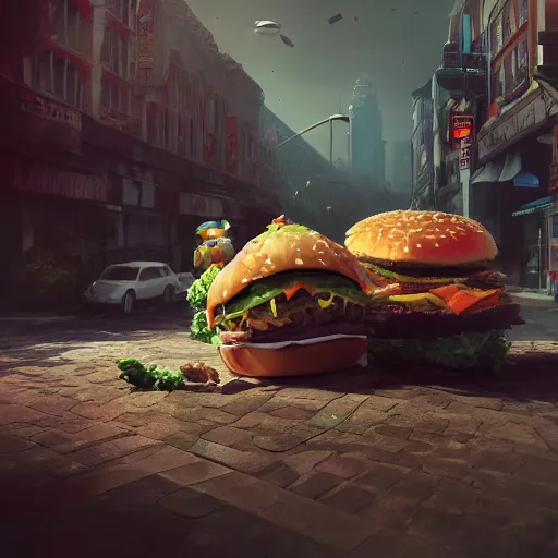 Image similar to fast food monster, ambient lighting, concept art, detailed, smooth, dynamic volumetric lighting, octane, raytrace, cinematic, high quality, high resolution, 4 k, render by jean - baptiste monge