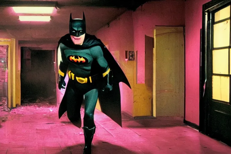 Image similar to michael keaton batman covered in beer wearing pink apron wielding an axe, chasing through old brown decrepit hallway, creepy smile, atmospheric eerie lighting, photorealistic face, dim lighting, bodycam footage, motion blur, photography