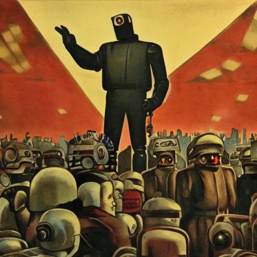 Prompt: robot revolutionary speaking to a crowd of robots amid the backdrop of a cyberpunk city in the socialist realist style of lenin speaking to the red army by isaac brodsky