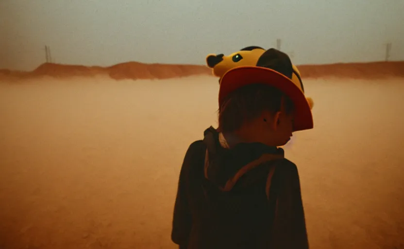 Image similar to cinestill 5 0 d candid photographic portrait by helen levitt of pikachu on a desolate plain, extreme closeup, modern cyberpunk moody emotional cinematic, dust storm, 8 k, hd, high resolution, 3 5 mm, f / 3 2, ultra realistic faces, detective pikachu