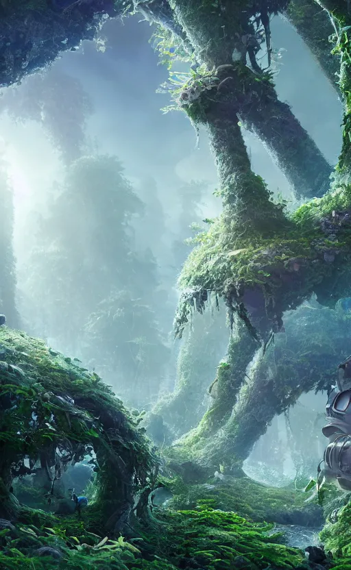 Image similar to microscopic tardigrade, microbiology, magical forest, ruins, civilization, futuristic, sharp focus, electric, backlight, furry, soft, concept art, intricate details, highly detailed, photorealistic, disney pixar, octane render, iridescent, global illumination, anime, 8 k