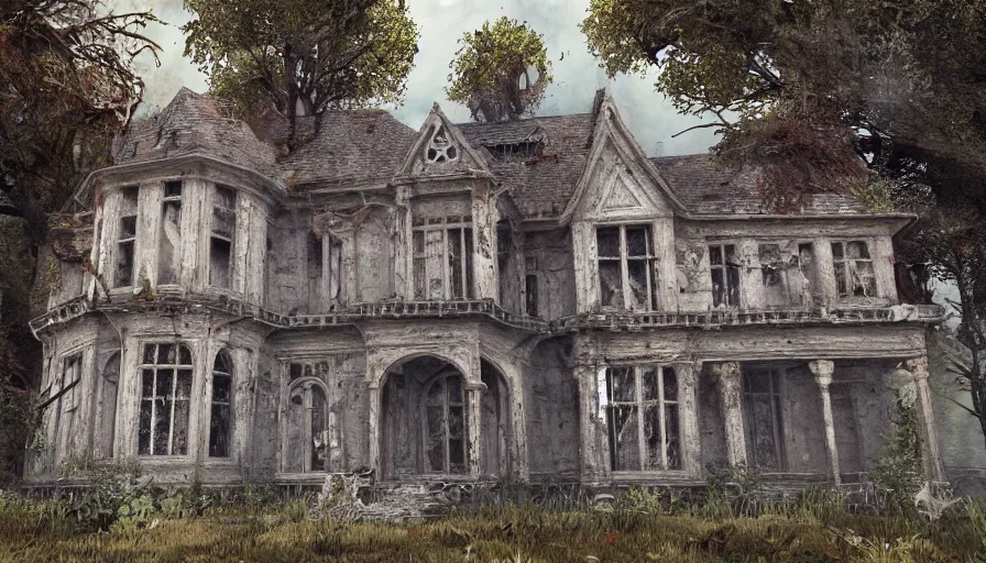Image similar to abandoned victorian manor, lot of cobwebs, dusty ground, creepy painting, fps view, video game, riflegun, hyperdetailed, artstation, cgsociety, 8 k