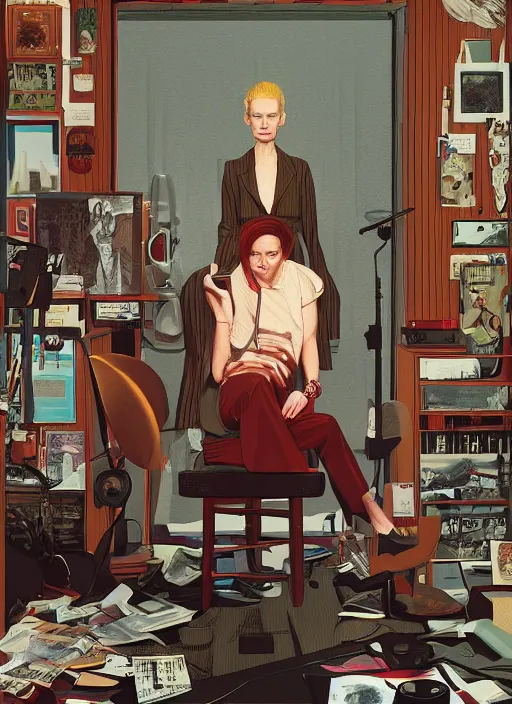 Prompt: Twin Peaks poster artwork by Michael Whelan, Bob Larkin and Tomer Hanuka, Karol Bak of portrait of radio host Tilda Swinton hanging out in her studio radio sound booth, from scene from Twin Peaks, simple illustration, domestic, nostalgic, from scene from Twin Peaks, clean, cover of New Yorker magazine