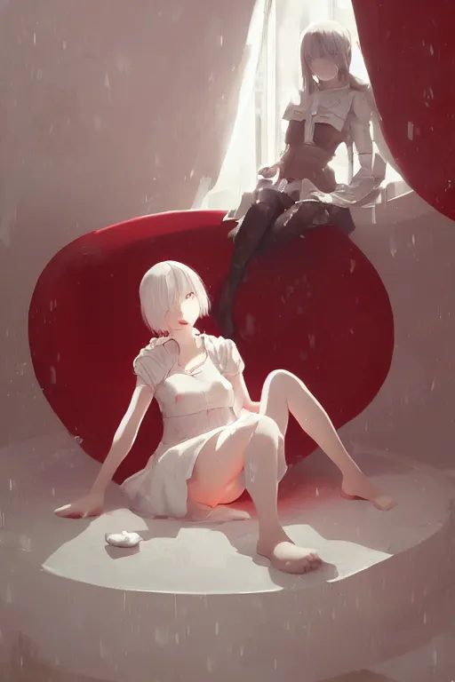 Prompt: a cute young woman sitting in a white bubble chair, cozy setting, red and white, warm lighting, cinematic, moody, nier automata, poster, oil on canvas, in the style of Ilya Kuvshinov, Krenz Cushart, Range Murata, Eero Aarnio, 8k