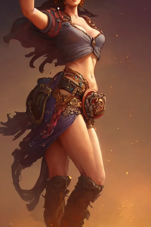 Image similar to beautiful female cowgirl, full body shot, d & d, fantasy, intricate, elegant, highly detailed, digital painting, artstation, concept art, matte, sharp focus, illustration, hearthstone, art by artgerm and greg rutkowski and alphonse mucha