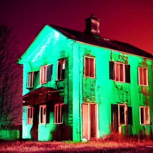 Prompt: abandoned house with green light emitting, it is night time