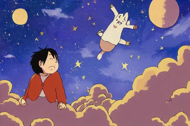 Image similar to a shooting star alone in the sky of an unknown universe in the style of hayao miyazaki