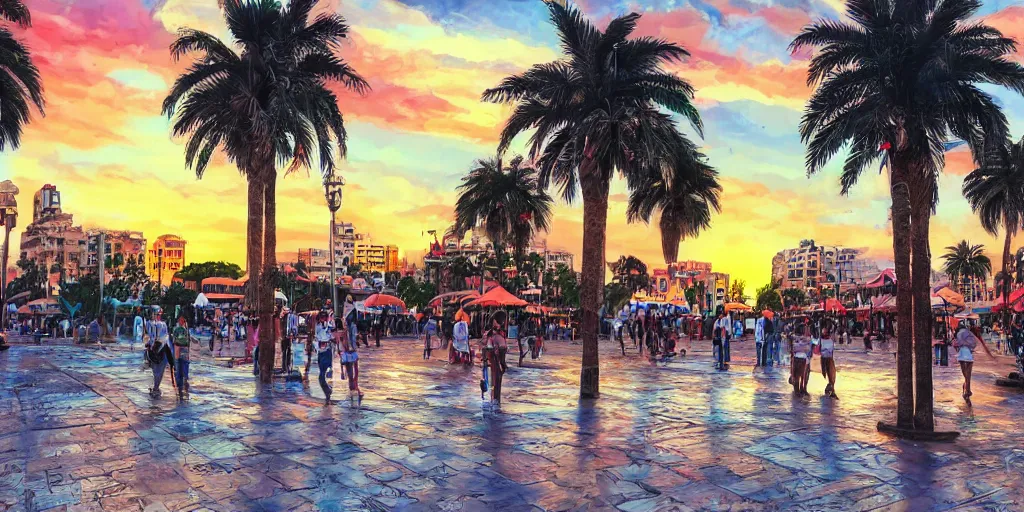 Prompt: sunset over tel aviv main square. colorful. highly detailed. palm trees. artstation trending. concept art. digital painting