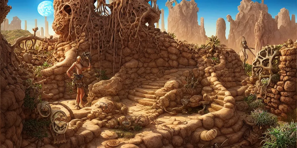 Prompt: a fantasy desert oasis landscape, ruins, bones, grottoes, arid ecosystem, digital illustration by michael whelan and leyendecker and artgerm, intricate details, surreal, photorealistic, award winning