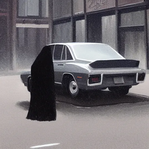 Image similar to A mysterious figure sitting at a black 1970's Chrysler Le Baron with the headlights on, parked on the side of the road in the city of New York while it is raining, by George Tooker, dark and dim, moody, sinister, lighting, 8k render, hyperrealistic 150-W 1024