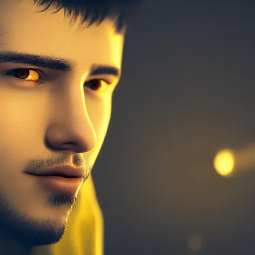 Image similar to close up portrait of young handsome it engineer in a yellow sweatshirt. cyberpunk, volumetric lighting, 4 k, hd, artstation, deviantart