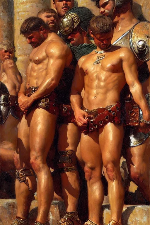 Image similar to muscular male gladiators, trojan baths painting by gaston bussiere, craig mullins, j. c. leyendecker, tom of finland