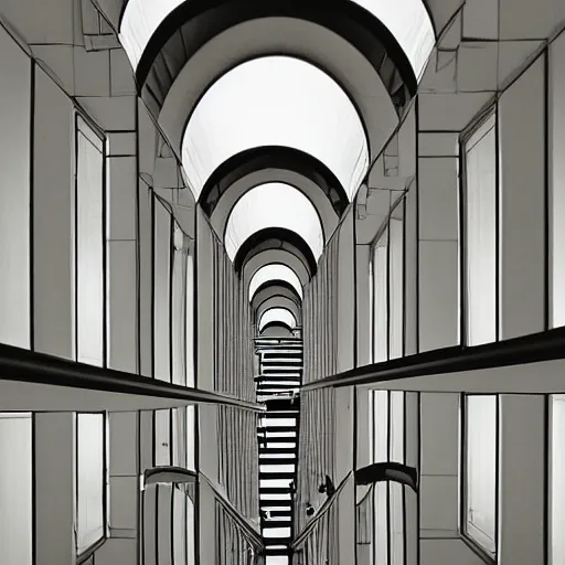 Image similar to model, hallways and stairwells and mirrors, warped dperceptions, similar to relativity by m. c. escher