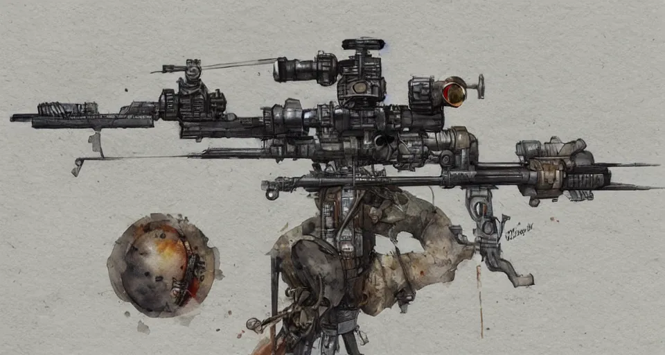 Image similar to concept art of a sniper rifle in futuristic, fantasy, steampunk, pinterest, artstation trending, behance, watercolor, by coby whitmore, silver, laser light,