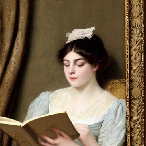 Image similar to young victorian lady in ball gown reading a book, painted by alfred stevens