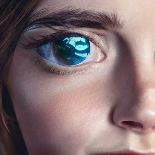 Image similar to full shot photograph portrait of a woman as Emma Watson as Dva from Overwatch, elegant, 70mm lens, outdoors lighting, nature background, symmetric circular iris, detailed moisture, detailed droplets, detailed intricate hair strands, DSLR, ray tracing reflections, symmetrical face and body, gottfried helnwein and Irakli Nadar, eye reflections, focused, unreal engine 5, vfx, post processing, post production, single face