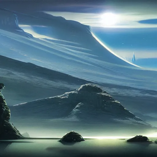 Image similar to a serene alien landscape by doug chiang