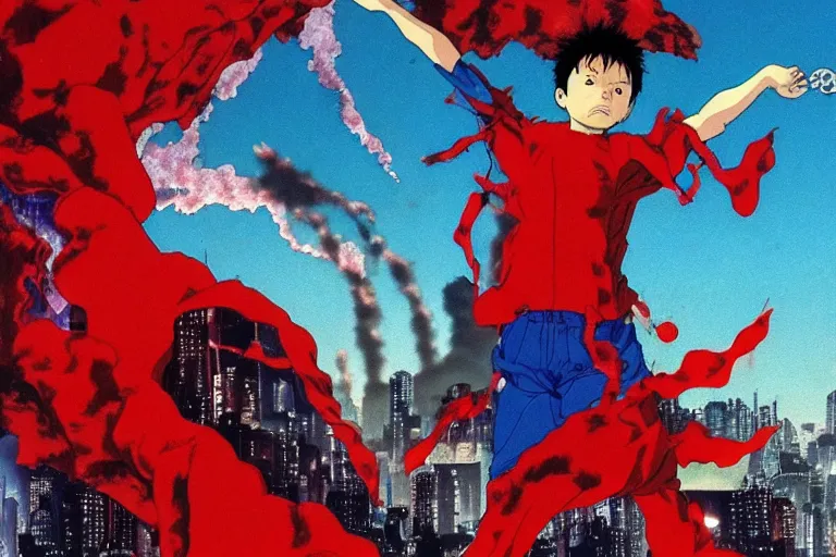Prompt: Tetsuo wearing torn red cape with incredibly powerful right arm consuming Neo-Tokyo created by Hideaki Anno + Katsuhiro Otomo +Rumiko Takahashi, Movie poster style, box office hit, a masterpiece of storytelling, (Akira 1988) highly detailed 8k