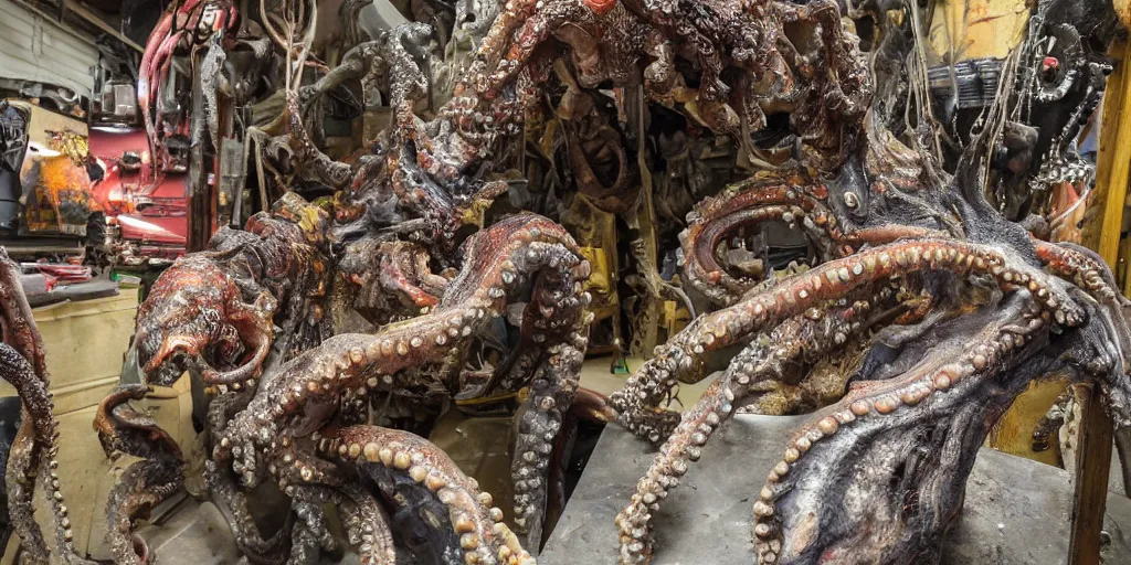 Image similar to low wide angle photo taken of an epic intricate, ultra detailed, super realistic gritty, hero prop, exquisitely painted animatronic movie prop of a wet slimy grotesque nightmarish hellish mutant cephalopod creature displayed in the workshop, created by weta workshop, full body shot, photorealistic, sharp focus