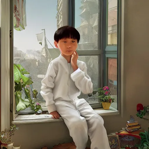 Image similar to young boy wearing white fabric pajama with cartoon paintings on it infront of the window in his room and staring outside. highly detailed, digital painting, artstation, concept art, smooth and sharp focus, cg by tian zi and wlop and alphonse mucha