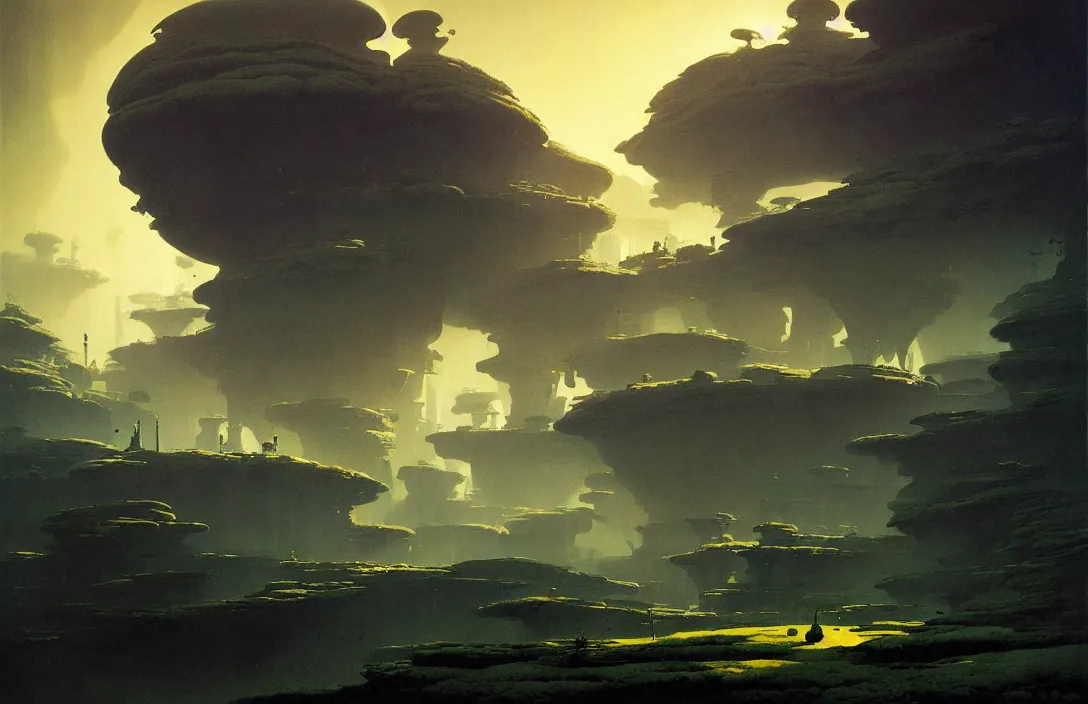 Image similar to line density is used for rendering light and shadow. painting by roger dean once in a lifetime by jan urschel