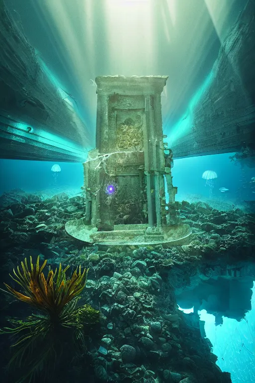 Image similar to high quality sharp photo of cinematic underwater dystopian byzantine city ruins with giant bioluminescent multicolor mutant plants and cyborg jellyfish, digital art masterpiece, aykut aydogdu eric zener, very dramatic volumetric light, long shot, ground angle uhd 8 k, deep focus