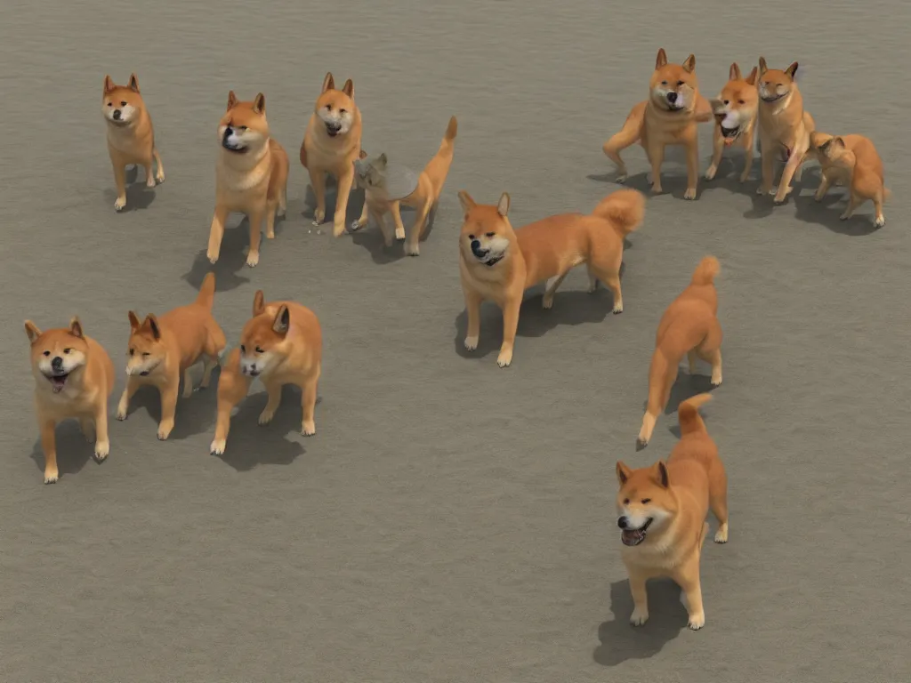 Prompt: a family of shiba inu dogs at the beach, photorealistic, insane engine, high definition, 3d render, trending on artstation,