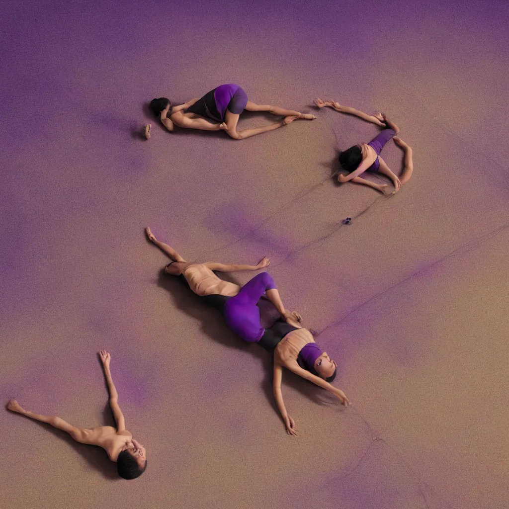 Image similar to overhead view of iridiscent oil spill in desert sand tempest with women corpses connected by cables and computers to wax forms to a buried baby relaxing on yoga mat, faded, purple gradient, dust, purple fog, depth of field, by werner herzog, hans bellmer and nadav kander, 8 k, sad atmosphere, cinematic