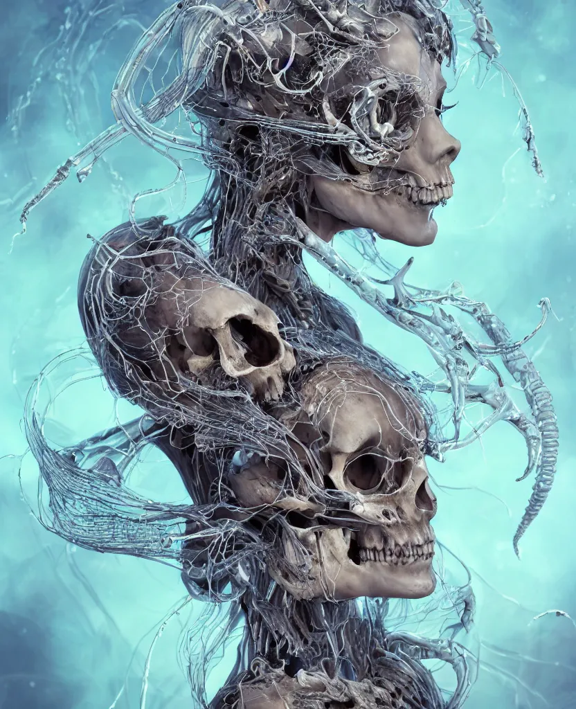 Image similar to close-up macro portrait of the face of a beautiful princess with animal skull mask, epic angle and pose ribcage skeleton, symmetrical artwork, 3d with depth of field, blurred background, cybernetic jellyfish female face skull phoenix bird, translucent, nautilus, energy flows of water and fire. a highly detailed epic cinematic concept art CG render. made in Maya, Blender and Photoshop, octane render, excellent composition, cinematic dystopian brutalist atmosphere, dynamic dramatic cinematic lighting, aesthetic, very inspirational, arthouse. y Greg Rutkowski, Ilya Kuvshinov, WLOP, Stanley Artgerm Lau, Ruan Jia and Fenghua Zhong