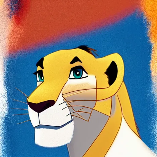 Image similar to a full-height portrait of Simba form the Lion King look like an ordinary boy with beautiful hear and head, wearing jeans and a white T-shirt, digital art style