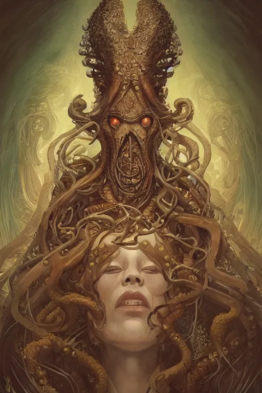 Image similar to a portrait of a anthropomorphic an ancient cthulhu goddess, D&D, fantasy, intricate, highly detailed, digital painting, artstation, concept art, smooth, sharp focus, illustration, art by caravaggio and artgerm and greg rutkowski and alphonse mucha