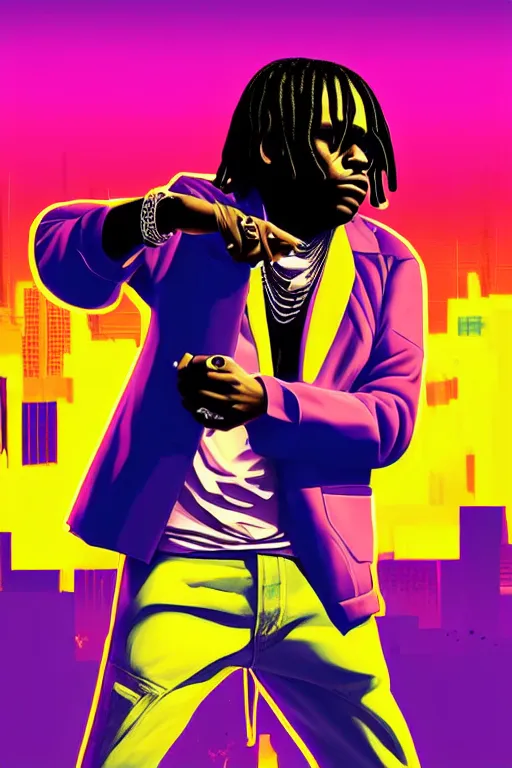 Image similar to chief keef with riffle, gta vice city style, pop art, no duplicate image, glowing lights, ultra details, digital painting, artstation, concept art, smooth, sharp focus, illustration, intecrate details, art by richard hamilton and mimmo rottela, pixels art by kirokaze and paul robertson