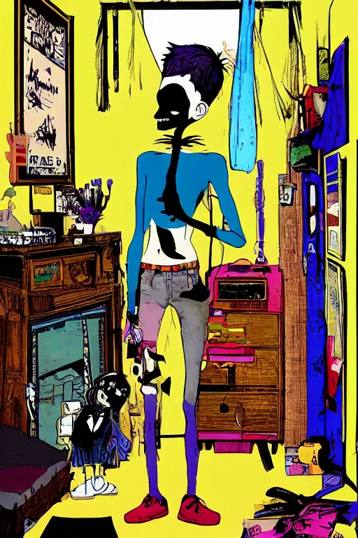 Image similar to a skinny goth guy standing in a cluttered 9 0 s bedroom by jamie hewlett, jamie hewlett art, full body character concept art, vaporwave colors, digital painting,