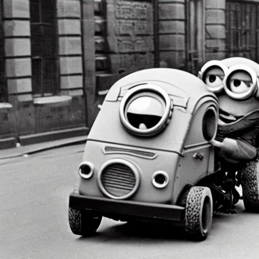 Image similar to minions from despicable me ridding a half - track motorcycle with a single front wheel, better known as the kleines kettenkraftrad hk 1 0 1, in the empty and destroyed london, circa 1 9 3 9, 4 k hd