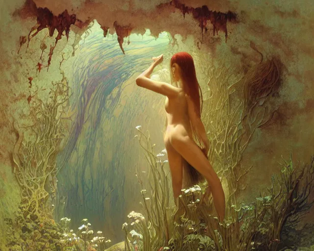 Image similar to falling in to eternity, underwater scene, painted by zdzislaw beksinski and artgerm and greg rutkowski and alphonse mucha and rene laloux