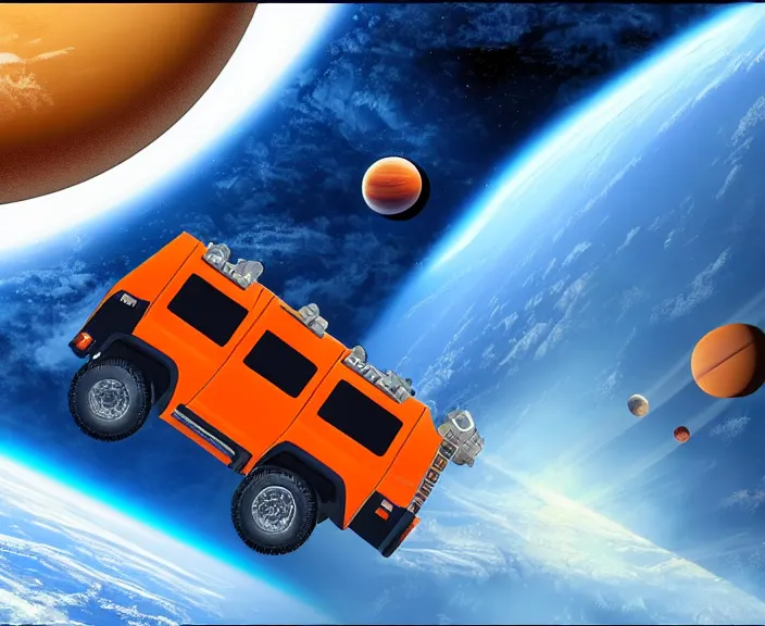 Prompt: orange kamaz in space in orbit of the planet earth, kamaz looks like a spaceship, hyper detailed, hight detailed, futuristic, ultra realistic, no blur, 8 k