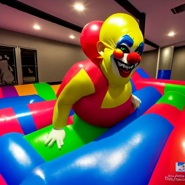 Image similar to , chased by a scary clown in an endless corridor made of bouncy castle, highly detailed, 8 k, hdr, smooth, sharp focus, high resolution, award - winning photo