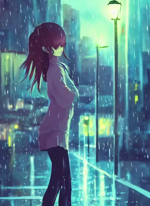 Image similar to listening to music at 2 am, night, pretty girl, pose, rain, lofi, lofi, peaceful, street light, anime key visual, poster, street wears, anime, by wlop, high quality, 4 k, trending, trending on artstation