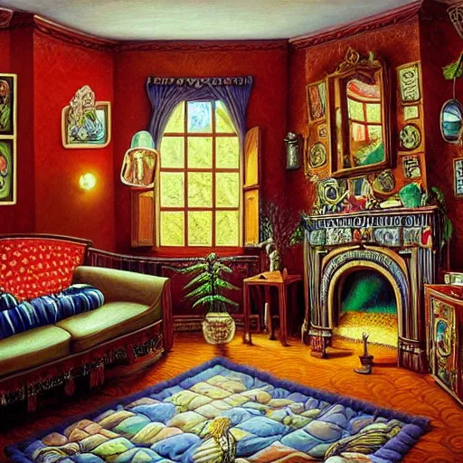 Prompt: a painting of a living room, a surrealist painting by jacek yerka, cgsociety, fantastic realism, surrealist, detailed painting