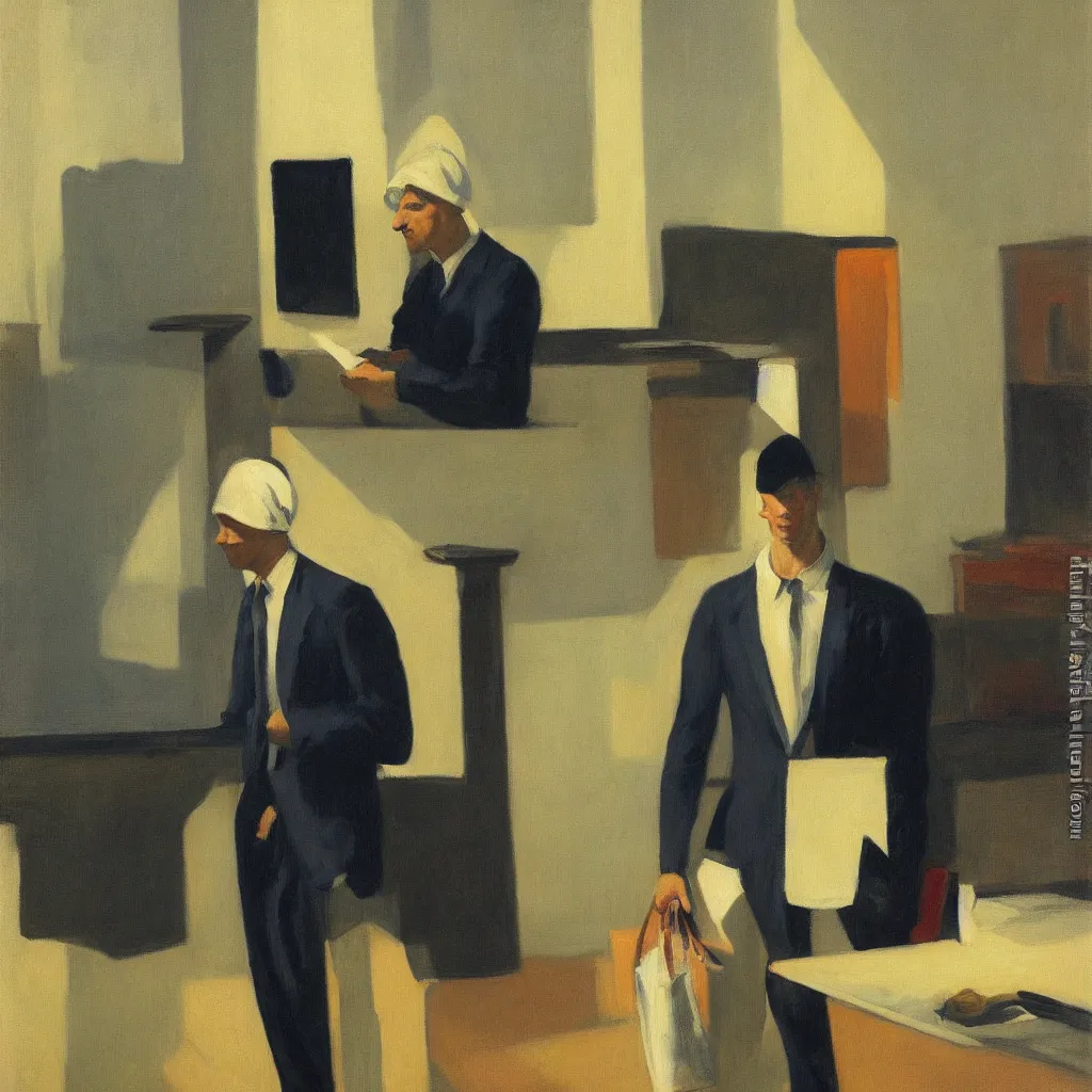 Prompt: Man in a business suit with a bag covering his head, by Edward Hopper