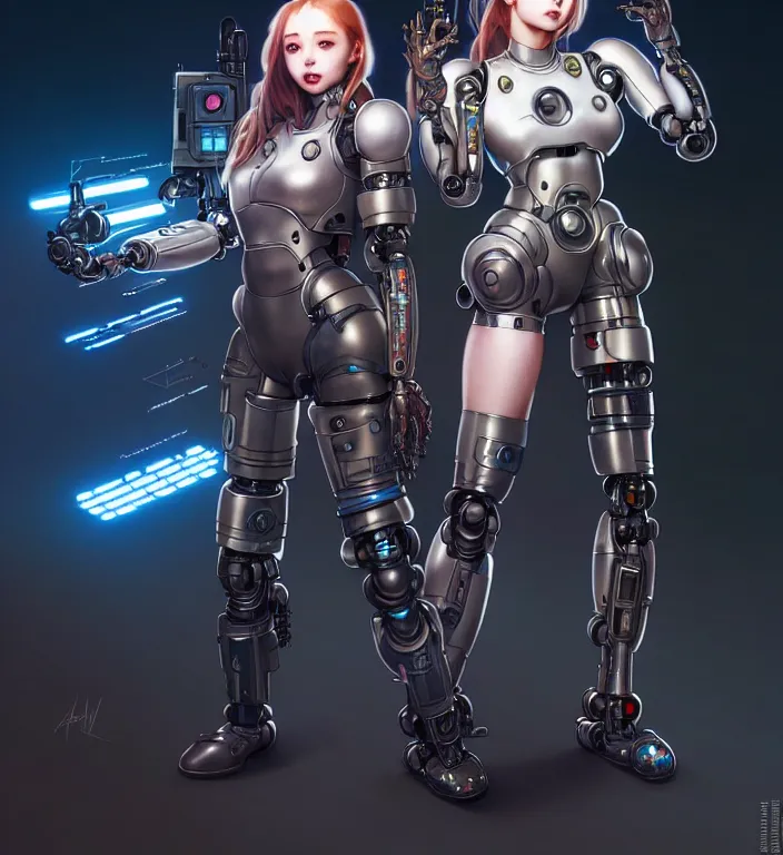Image similar to full body painting of chuu loona cyberpunk mercenary smiling and fighting a robot, ultra realistic, concept art, intricate details, eerie, highly detailed, photorealistic, octane render, 8 k, unreal engine. art by artgerm and greg rutkowski and magali villeneuve and alphonse mucha