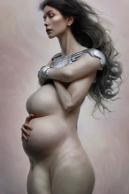 Image similar to ** professional portrait of pregnant peacefull cryogenic female dynamic pose , armor elements , long dark hair, beautiful bone structure, symmetrical facial features, intricate, elegant, digital painting, concept art, smooth, sharp focus, illustration, by Ruan Jia and Mandy Jurgens , and mucha, and Artgerm and William-Adolphe Bouguerea