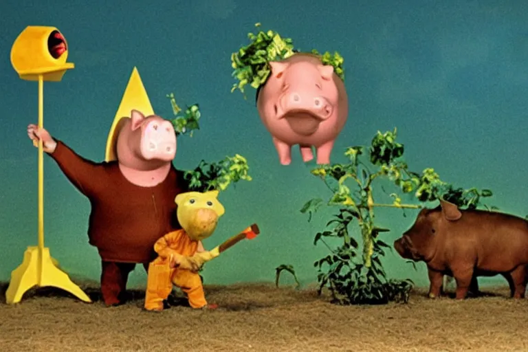 Prompt: still frame from a surreal 1979 children's tv show with a giant pig farmer, plant babies, and a sad cheese puppet holding a sword