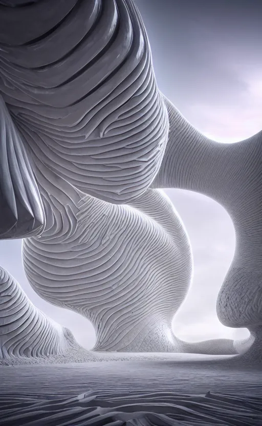 Image similar to highly detailed ultra sharp 3 d render cinematic composition of a smooth ceramic sand porcelain magnolia stone fluid fractal sci - fi surreal architecture landscape, white marble, magnesium, foliage, vincent callebaut composition, mamou - mani, archviz, beautiful lighting, 8 k, unreal engine, hdr, dof