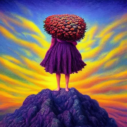 Prompt: giant flower head, frontal, woman standing on mountain, surreal photography, sunrise, colorful clouds, impressionist painting, digital painting, artstation, rob gonsalves