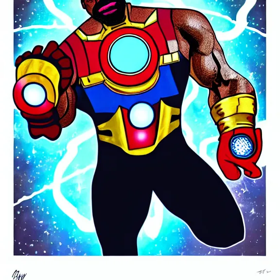 Image similar to Dynamic detailed artistic illustration of Steve Harvey doing a hero pose while Wearing the infinity gauntlet with all six stones glowing menacingly while Steve Harvey looks towards the viewer